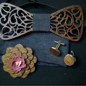 Elegant Wooden Bow Tie and Cufflinks Set